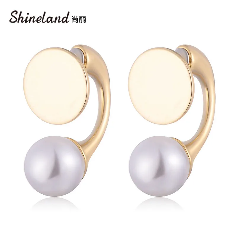 

Shineland Gold Color Double Side Earrings For Women Fashion Jewelry Simulation Pearl Stud Earrings pendientes mujer