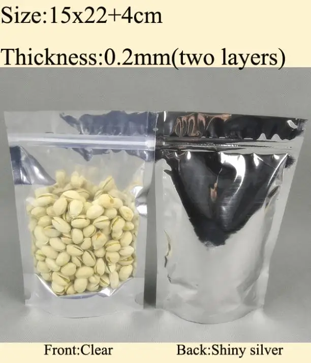 

15x22+4cm, Aluminum Foil Silver / Clear Zip Lock Bag Stand up foil bag 200pcs/lot wholesale FreeShipping