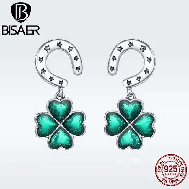 Bisaer Brincos 925 Sterling Silver Horseshoe Clover Petal Flower Bisaer Brincos 925 Sterling Silver Horseshoe Clover Petal Flower Stud Earrings For Women Fine Jewelry