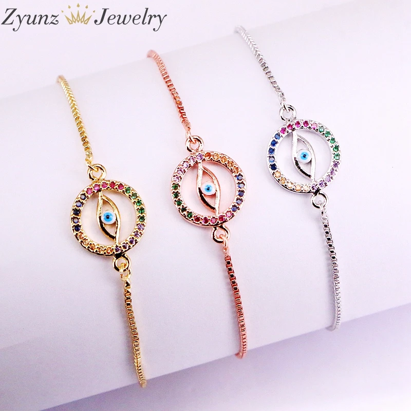 10 шт., Радуга CZ мульти круглый синий глаз Форма браслет микро кубический цирконий регулируемые цепи браслеты для женщин ювелирные изделия подарок