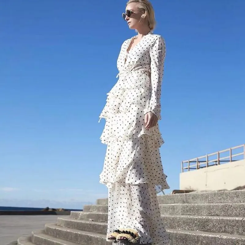

Women Gold Line Classic Wave Point Print White Deep V Neck Long Sleeve Floor Length Ruffle Long Tiered Dress