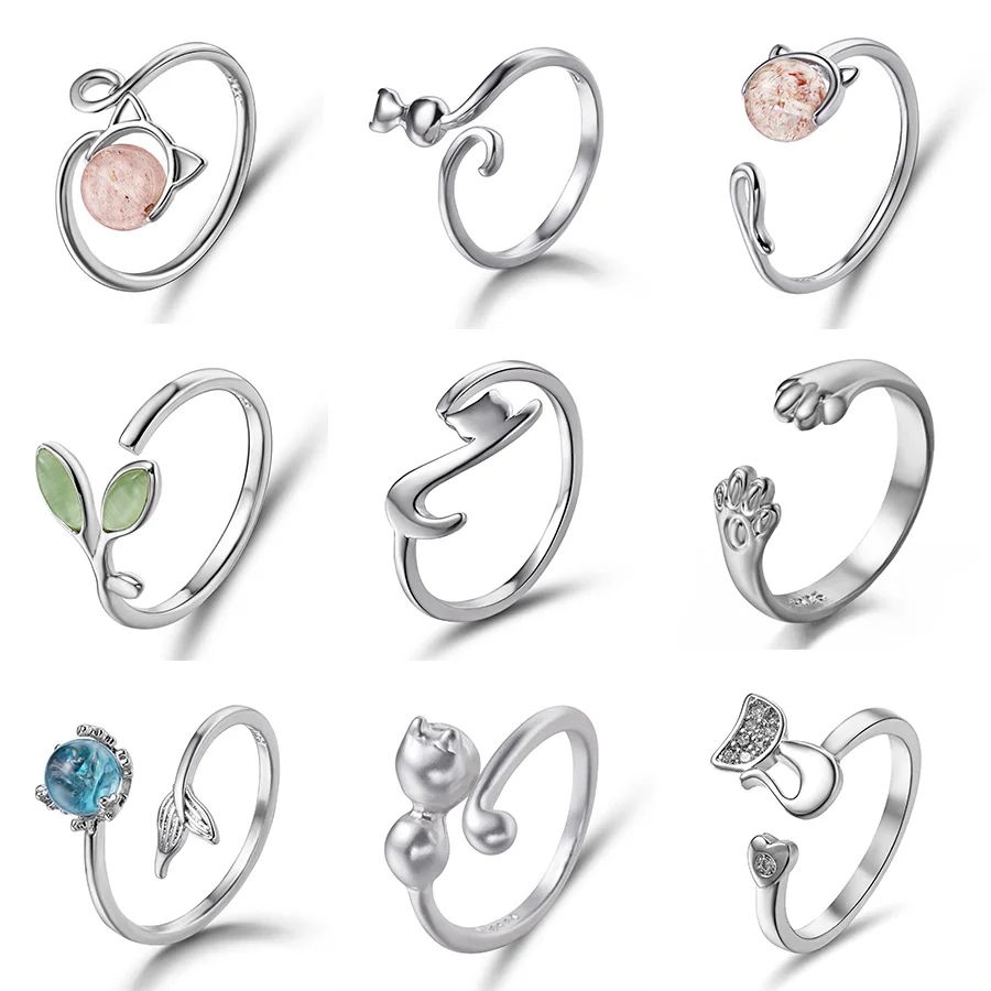 Rinhoo модные открытые кольца с цирконием, регулируемый размер, Новое поступление, серебряные кольца с кристаллами, опалом, листьями, кольца для женщин, кольца для дня рождения