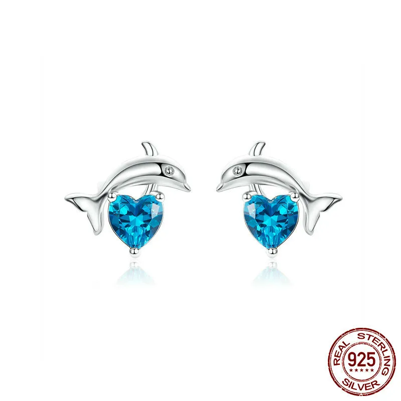 

2019 New Dolphin Animal Stud Earrings For Women Blue Heart Cz Stone Earing 925 Sterling Silver Jewelry Female Bse096