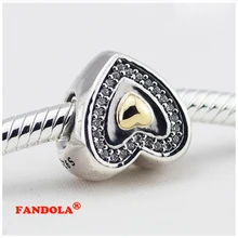 Подходит Pandora шармы браслеты бусины в форме сердца с 14 к настоящим золотом и прозрачным кубическим цирконием 925 стерлингового серебра ювелирные изделия