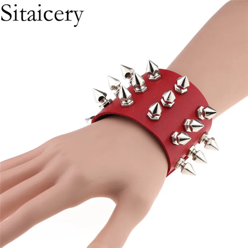 

Sitaicery Unique Three Row Cuspidal Spikes Rivet Stud Wide Cuff Leather Punk Gothic Rock Unisex Bangle Bracelet Men jewelry
