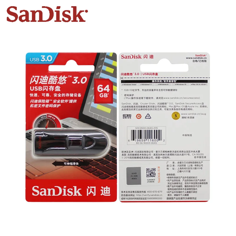 SanDisk CZ600 USB флэш-накопитель USB 3,0 Флешка 16 ГБ 32 ГБ 64 Гб 128 ГБ флэш-диск черная ручка-накопитель высокоскоростной u-диск регулируемый