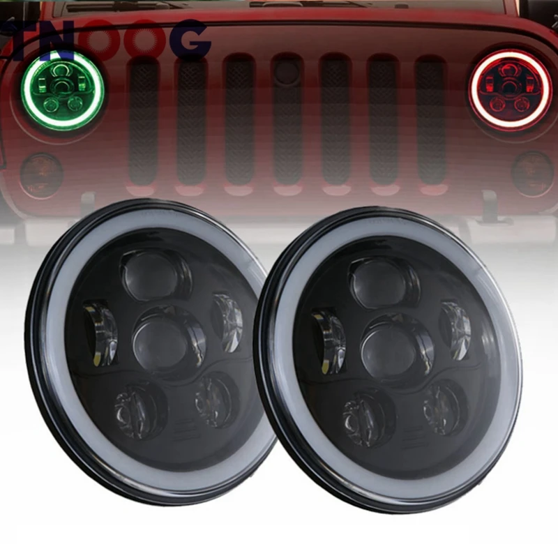 TNOOG 7 inch LED Headlights RGB Halo Ring Angel Eyes 7" Round