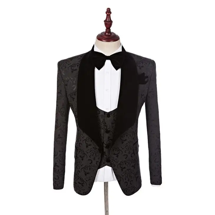 FOLOBE бренд 2020 3 шт костюм Slim Fit Мужская шаль отворот черный жаккард Свадьба Жених