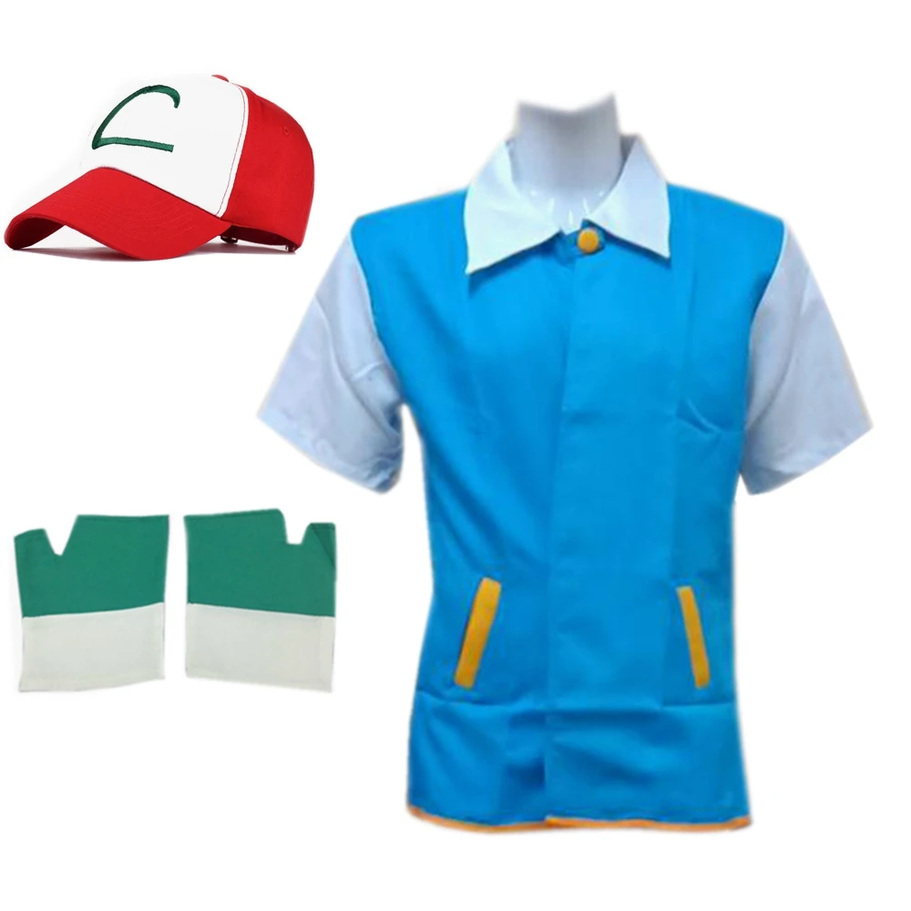 

Anime Pokemon Ash Ketchum Trainer Cosplay Costumes Women Men Pocket Monster Jacket Cosplay Blue Jacket + Gloves + Hat