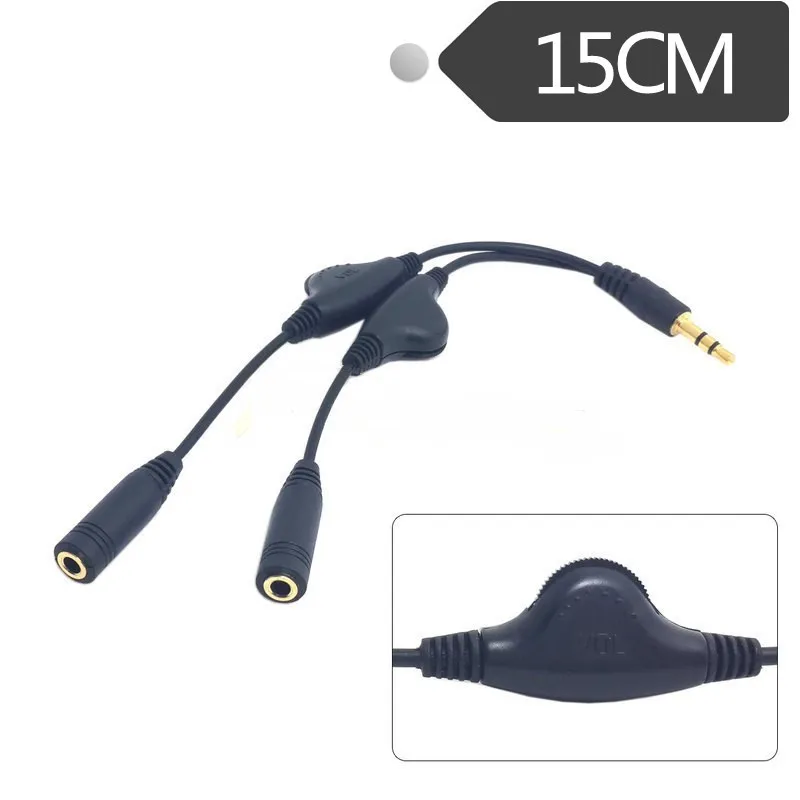 3.5mm M/2F 15cm Stereo Headphone Audio Extension Cord Cable +Volume