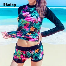 

Bkning 4XL Plus Size Swimsuit Female Long Sleeve Swimming Suit Pink Flower Print Tankini Short Tankiny 2018 Retro Big 3XL 2XL XL