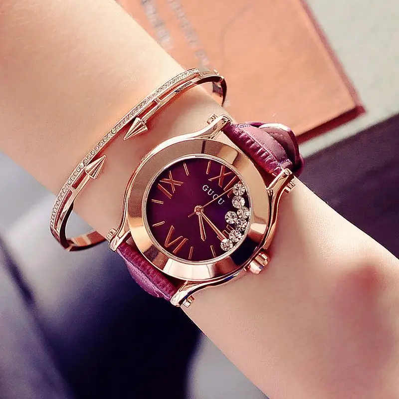 Guou Brand Luxury Rhinestone Women's Casual Leather Watches Fashion Diamond WristWatches Women Ladies Clock Bayan Kol Saati - Цвет: Фиолетовый