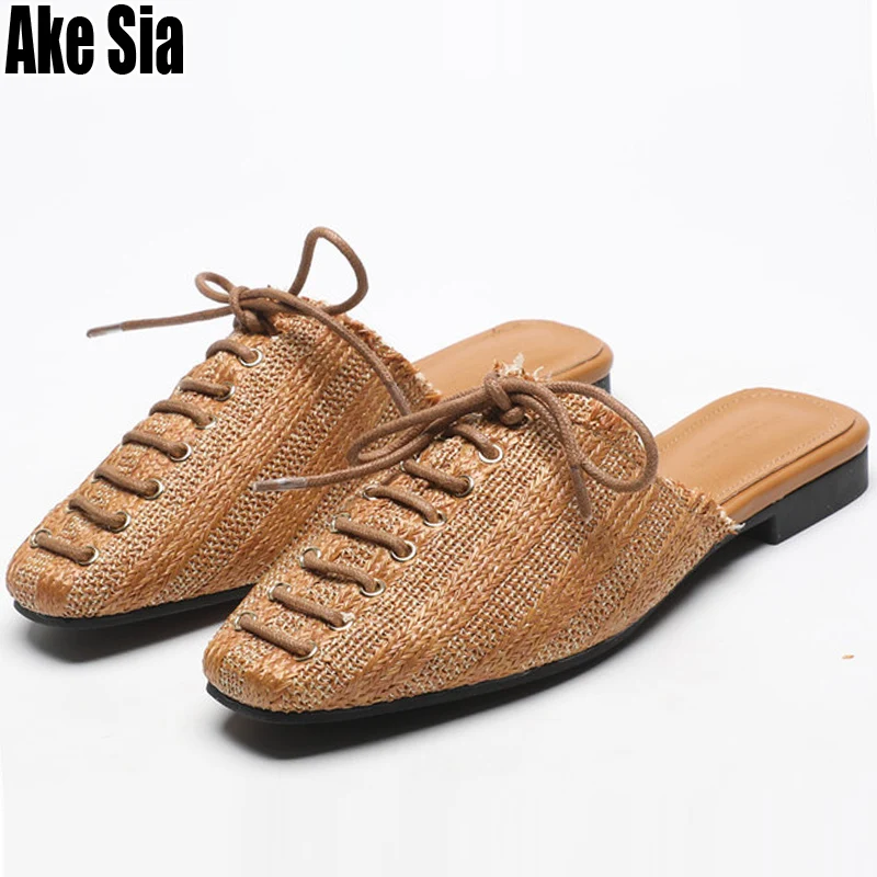 

Weave Knitted Fashion Lady Summer Women Female Babouche Shoelace Lace Up Woman Half Heels Slipper Mules Slides Casual Shoes A542