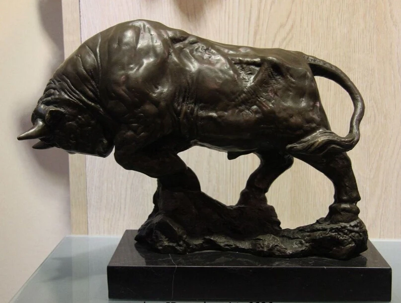 

bi002435 Western Art Reco Figurine Copper Bronze & Marble Bull Ox Cattle Sculpture Statue