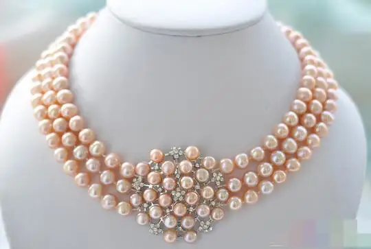 

song voge gem nanJ1146 3row round pink Freshwater cultured pearl flower necklace