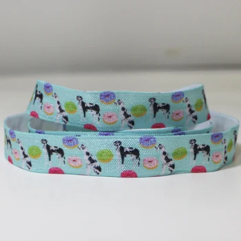 

50 Yards/Lot 5/8" 16mm Dog Donut Printed Folded Over Elastic FOE For Headband Headwear Hairband Decoration Hair Tie