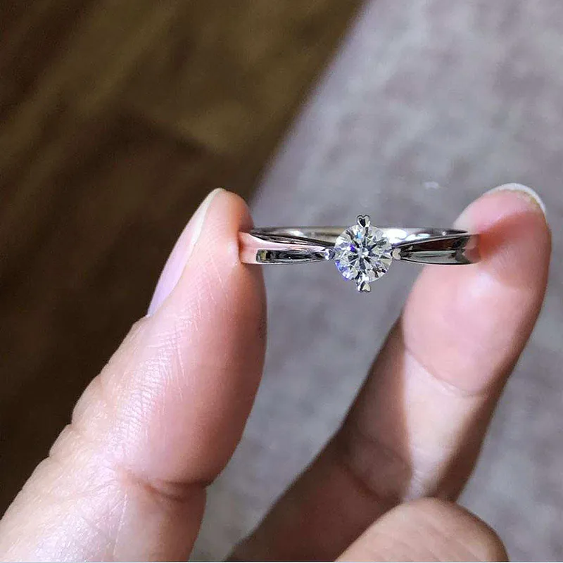 Обручальное кольцо для Для женщин однотонные 0.5ct 5 мм 4 зубец Муассанит Solarite кольцо 925 Настоящее серебро 925 пробы, подарок на день рождения, лабораторный алмаз кольцо