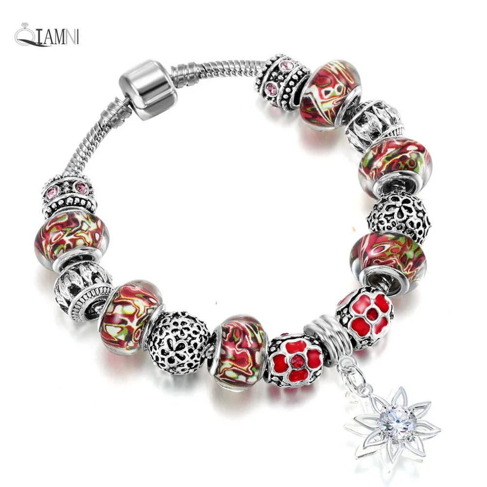 QIAMNI Colorful Murano Glass Sun Flower Pendant Beads Bracelet Bangles Fit Original Women Girl Snake Chain DIY Jewelry | Украшения и