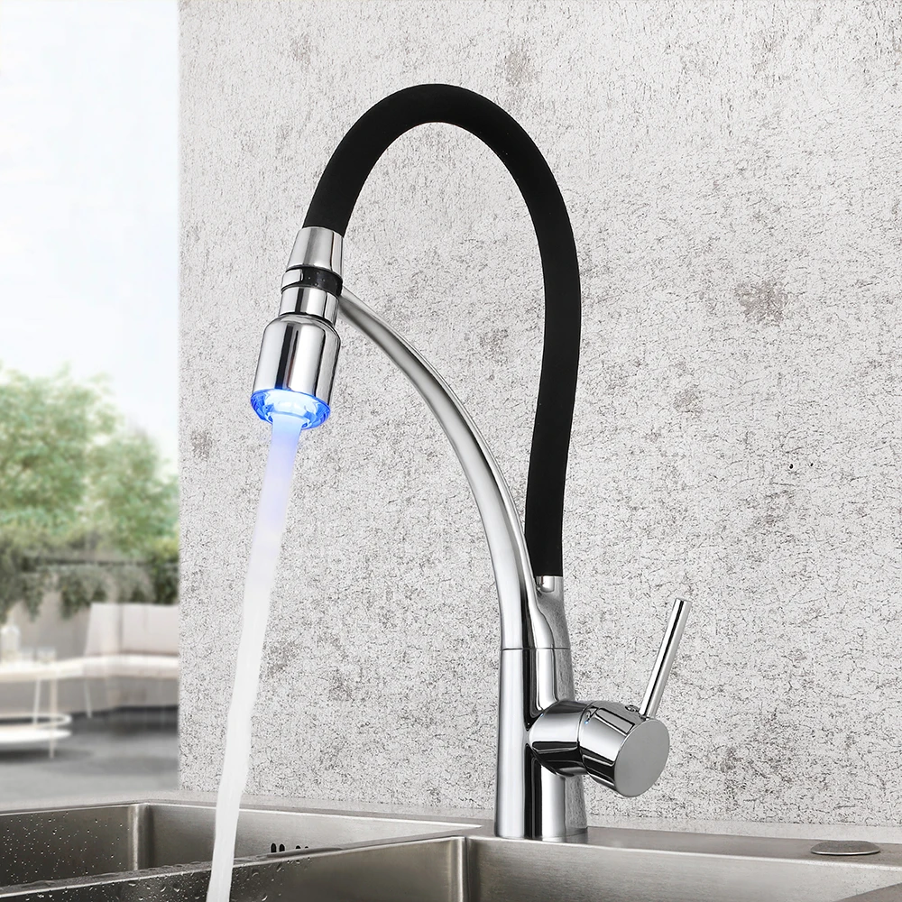 SKOWLL Kitchen Mixer LED Light Sink Faucet Brass Torneira Tap Hot Cold Deck Mounted Bath Mixer Tap Polished Chrome