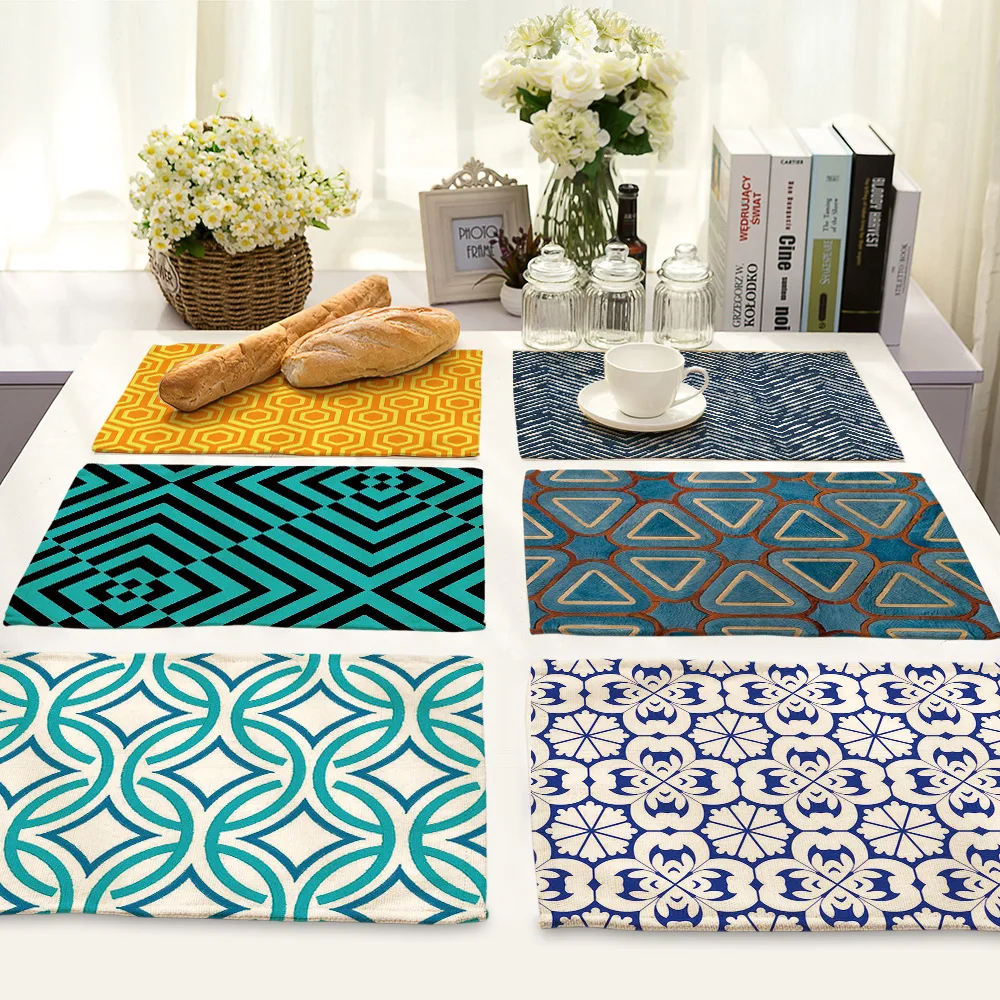 

Nordic Style Home Decoration Geometric Abstract Striped Print Placemat Decoration Cotton Yellow Blue Blue Table Kitchen Mat