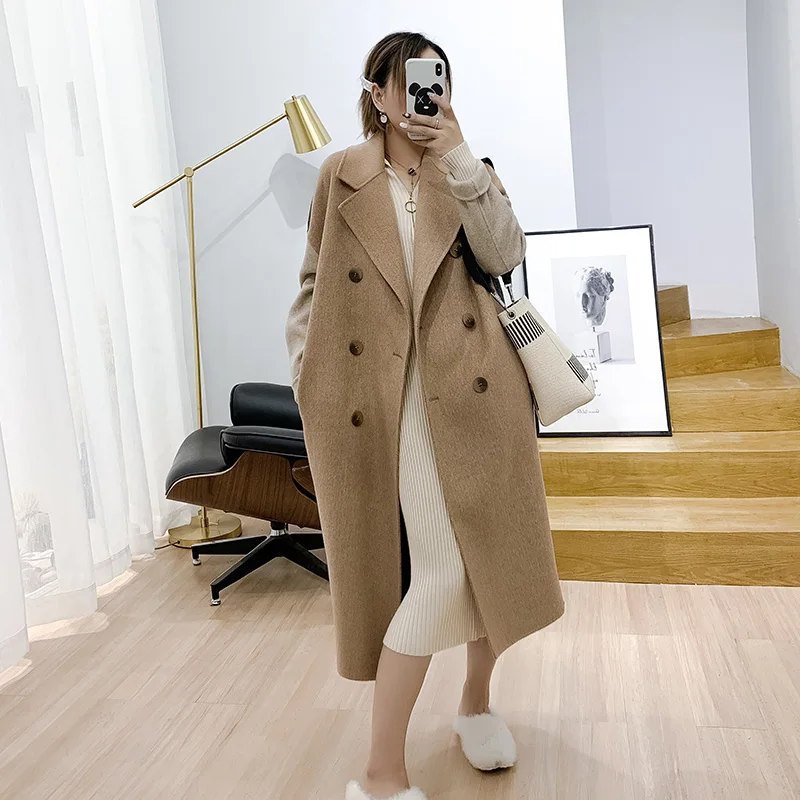 

2019 Women Winter Wool Loose Wide-waisted Wool Coat Female Double-layer Casual Office Lady Double Breasted Coats