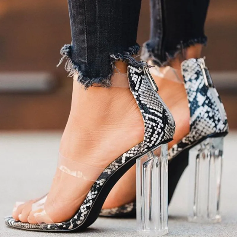 

2019 New Sexy Women Sandals Summer Gladiator Sandals Snake Print Open Toed Crystal Transparent High Heel Sandals