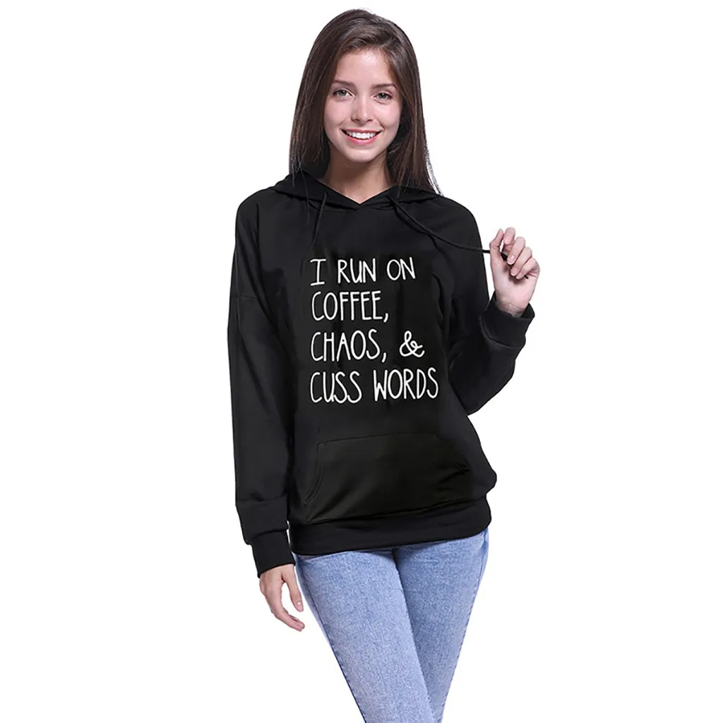 Женская толстовка с капюшоном буквенным принтом зимний однотонный пуловер