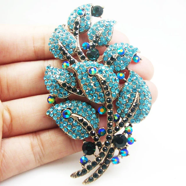 Blue Crystal Plant Leaf Brooches Girls Fashion Hijab Brooch Pins Women's  Jewelry