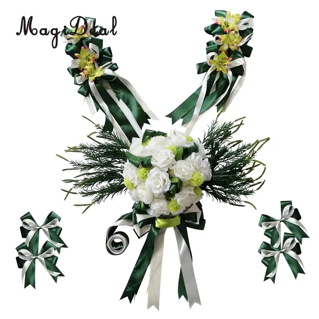 MagiDeal 12pcs/Set Wedding Car Decorations Kit DIY Artificial Silk Flower Ribbon Bows Car Roof Door Mirror Wedding Supplier
