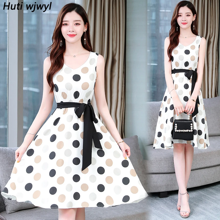

2019 Vintage Elegant White Dot Chiffon Boho Midi Dresses Summer 4XL Plus Size Print Beach Sundress Women Bodycon Party Vestidos