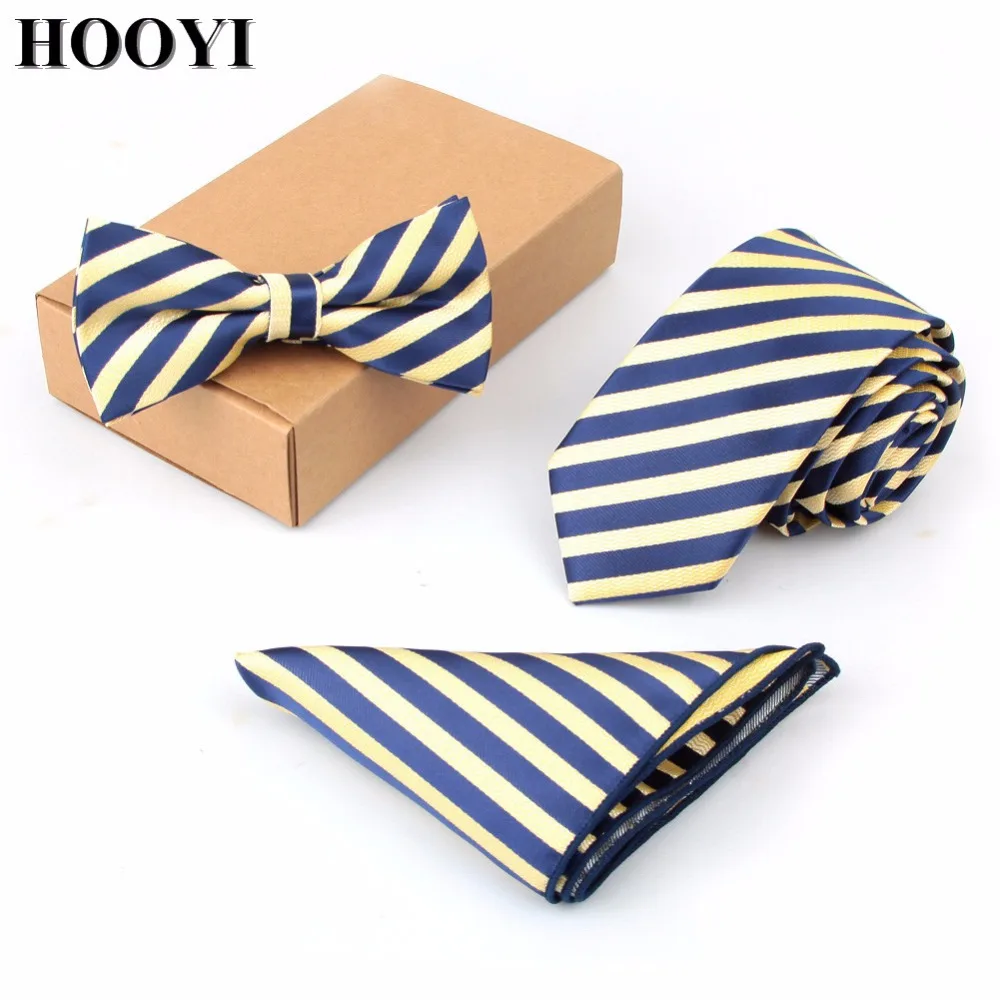  Men Stripe Neck Tie Set Gravata Slim Bowtie Pocket Handkerchief Wedding Necktie Towel Butterfly Bus