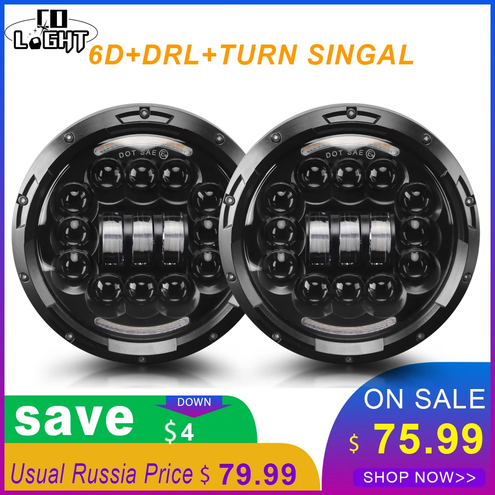 

CO LIGHT 7inch LED Headlights Angle Eyes Turn Singal 180W Hi/Low 7" Round Headlamp DRL 12V 24V for Lada 4x4 Niva Land Rover Jeep
