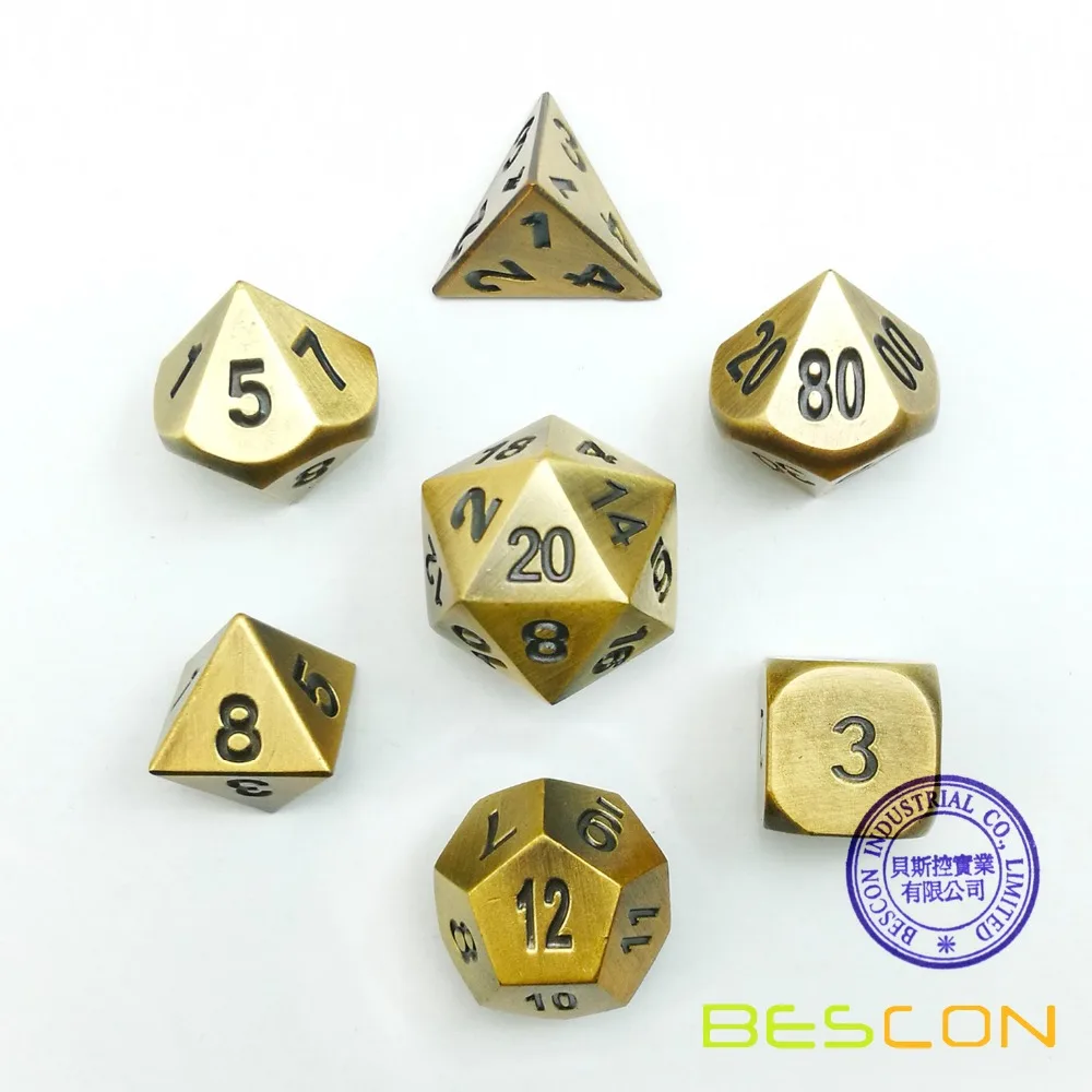 Bescon Brass Solid Metal Polyhedral D&D Dice Set of 7 Copper Metal RPG Role Playing Game Dice 7pcs Set 2