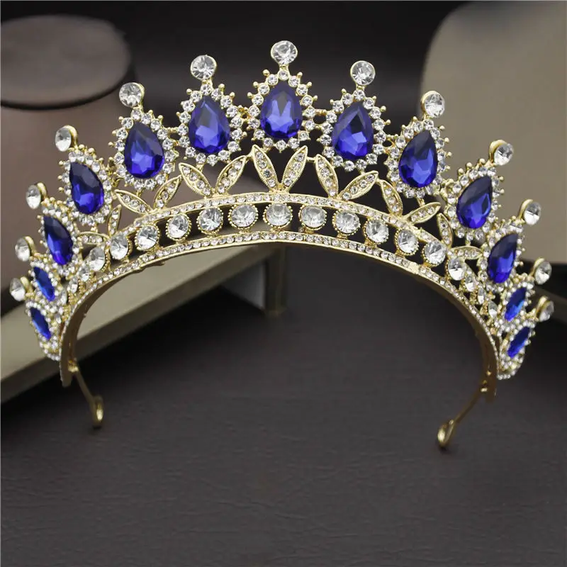 Gold Blue Барокко розовый Красный Кристалл повязки на голову для королевы свадебные Корона невесты диадемы и короны ювелирные изделия для волос свадебный Выпускной голова аксессуары - Окраска металла: Gold Blue