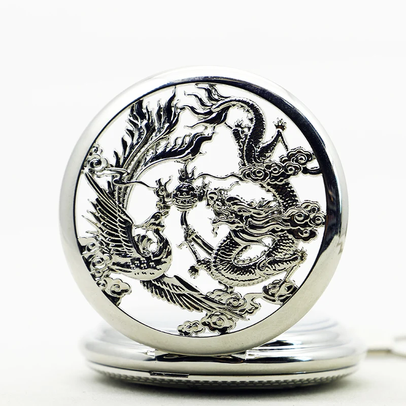 Lucky Dragon& Phoenix механические изысканные римские цифры Скелет серебряные карманные часы брелок цепочка для мужчин и женщин PJX1192