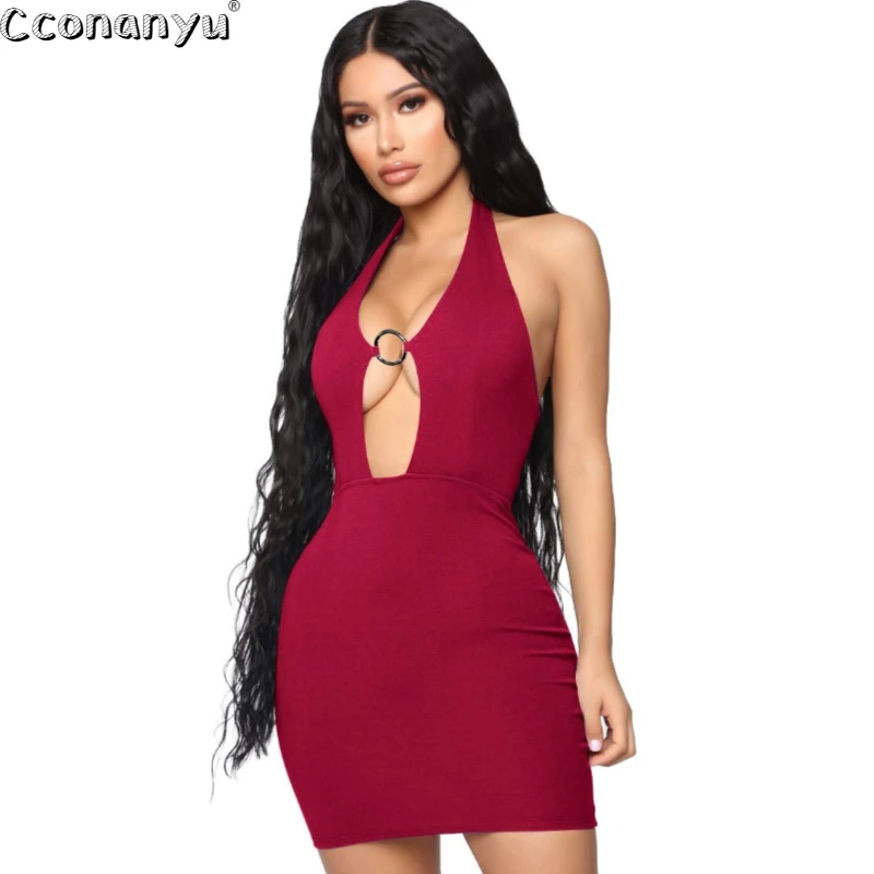 

Summer Sexy Halter Backless Dress Women 2019 Deep V Neck Hang Buckle Hollow out Dress Casual Solid Color Club Mini Dresses