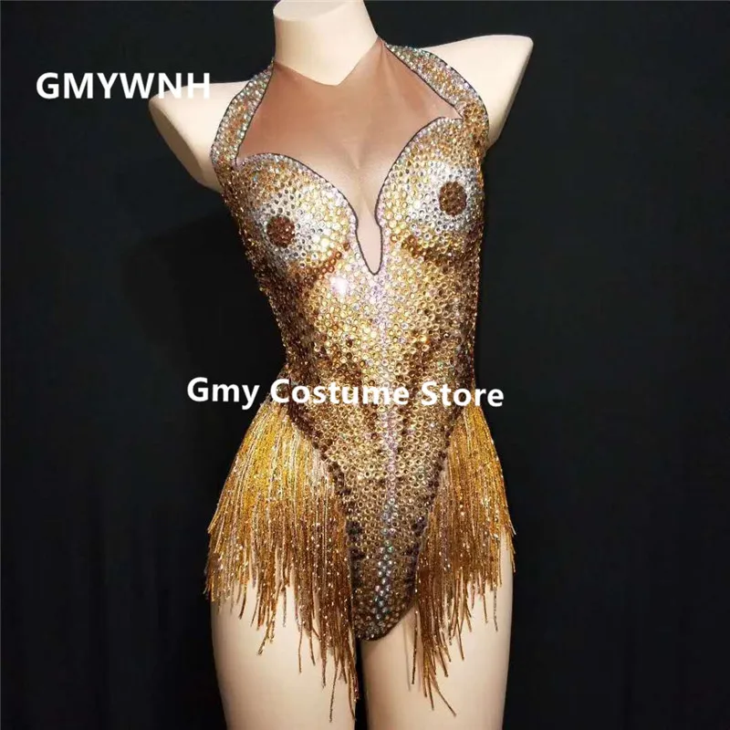 

E96 Gold tassel female sexy bodysuit dj jumpsuit party skirt dresses singer performance wears catwalk show outfits disco clothes