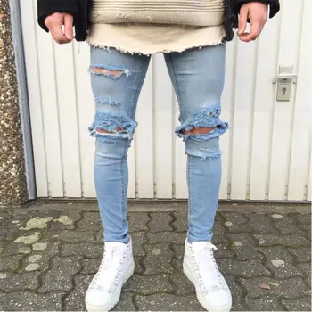 

Men Stretchy Ripped Skinny Biker Jeans Cool Hip Hop Dance Destroyed Taped Slim Fit Denim Jeans