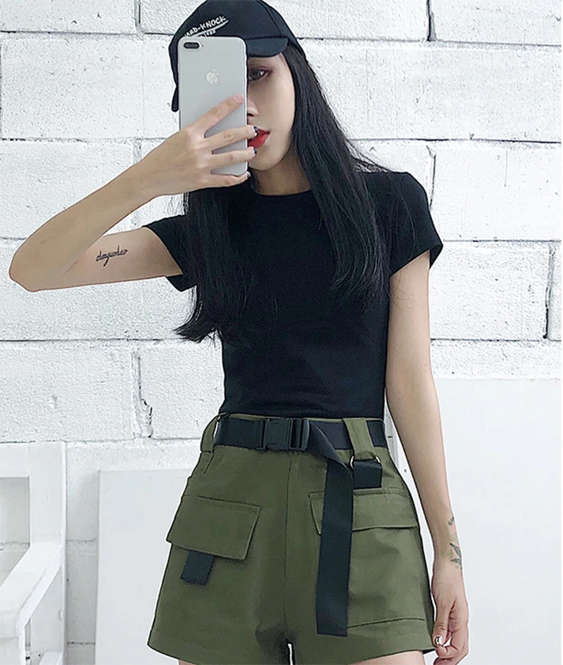 Women Casual Denim Shorts Summer High Waist Women's Sports Shorts Big Pocket Cargo Shorts Women With Belt