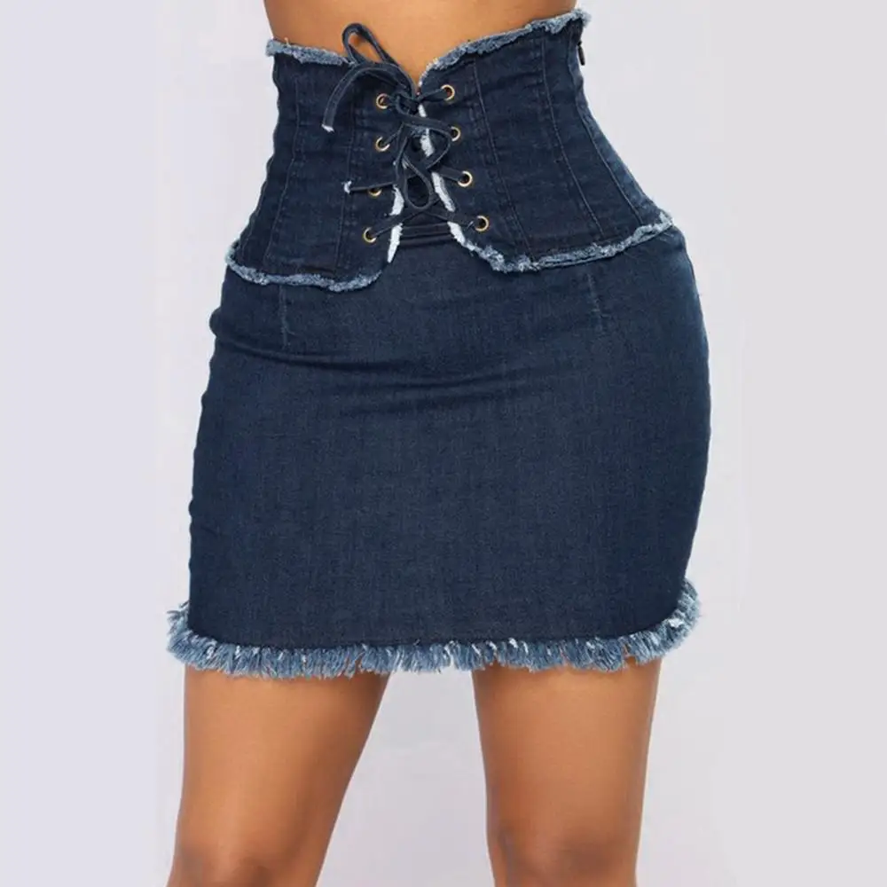 

Fashion Women Summer Skirt High Waist Solid Casual Denim Bodycon Lace Up Short Jean Skirt