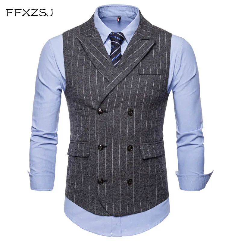 

FFXZSJ 2018 Autumn and Winter New Retro Wind Collar Collar Striped Men's Casual Double-Breasted Vest Suit Vest Men Jacket Plus