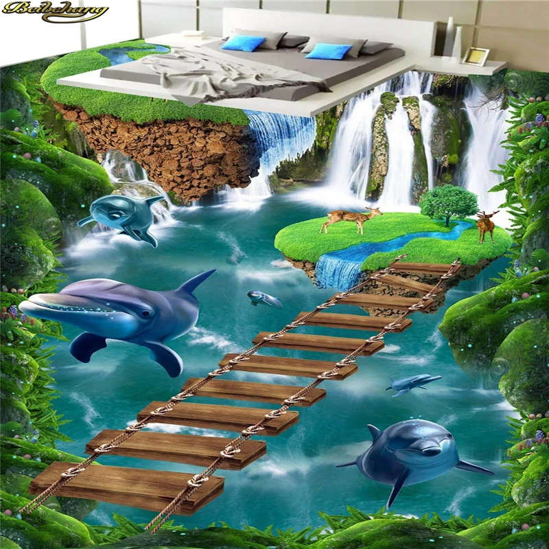 beibehang Custom Photo Wallpaper Floor Painting Folders Waterfall Small Bridge Bathroom Walkway Cliffs Suspended Island 3D Floor