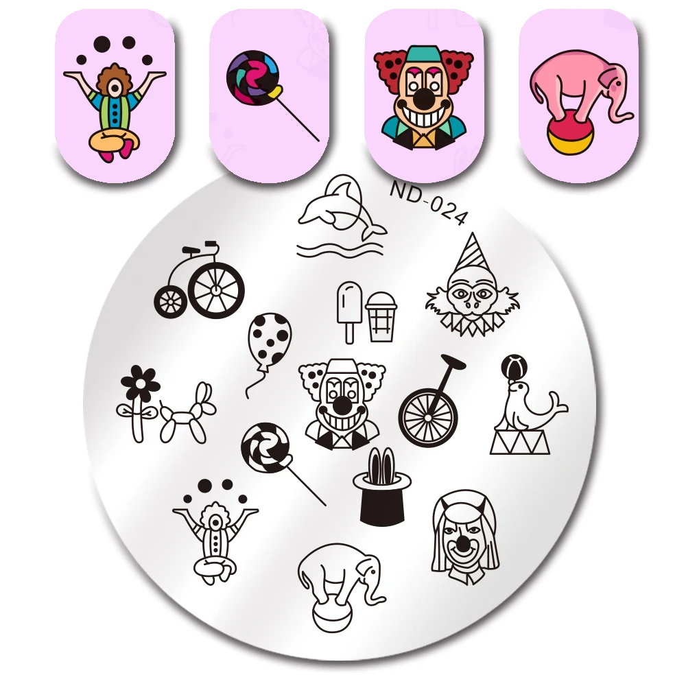 

NICOLE DIARY Juggle Clown Lollipop Magic Stamp Template Round Manicure Stamping Plate Nail Art Image Plate ND-024