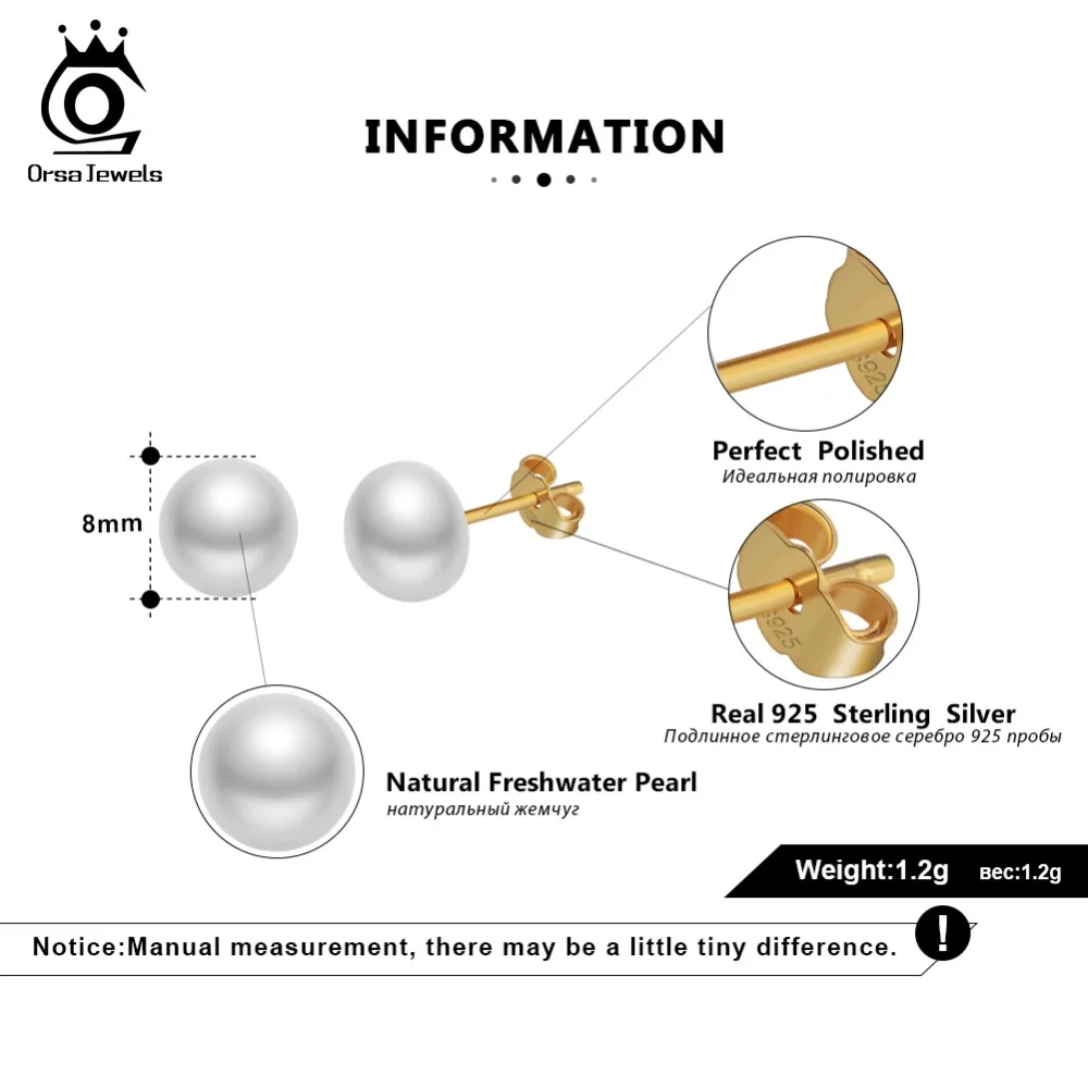 ORSA JEWELS 925 Sterling Silver Pearl Earrings 8mm White Pink Purple Round Freshwater Pearl Women Earrings Gold Jewelry OSE86 - Image 5