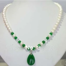 Женский белый пресноводный жемчуг и зеленый кулон ожерелье#1234