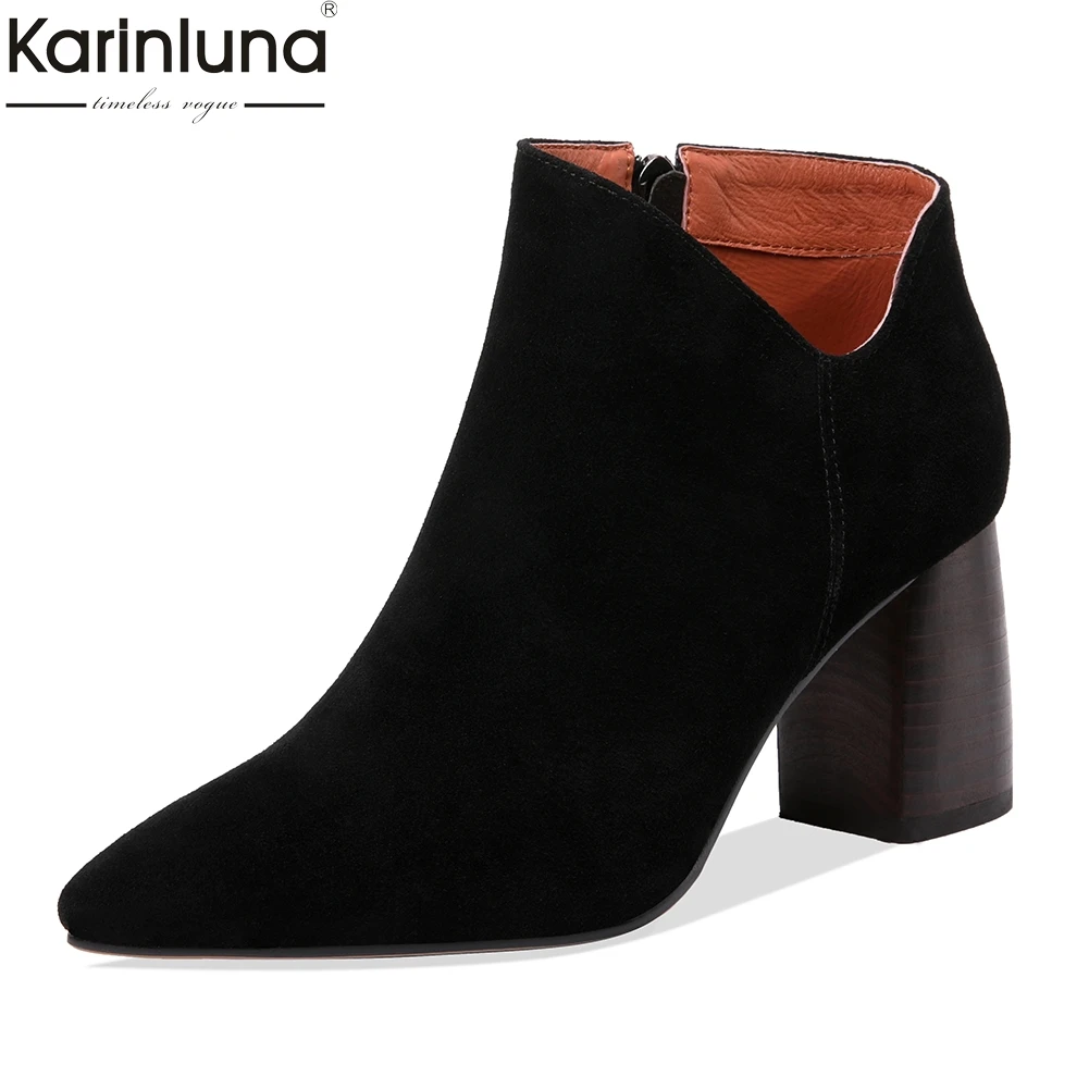 

High Quality Cow Suede Leather Solid Autumn Winter Boots Woman Shoes Zipper Chunky High Heels Shoes Woman Boots Female
