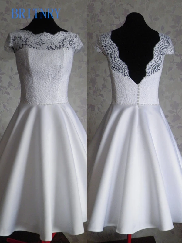 BRITNRY Новое поступление совок белый трапециевидной формы кружево атлас Простой Дешевые Короткие свадебное платье