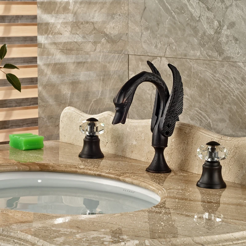 Swan Style Widespread Brass Basin Sink Faucet Dual Handle Deck Mount Bathroom Mixer Taps Oil Rubbed Bronze Finish