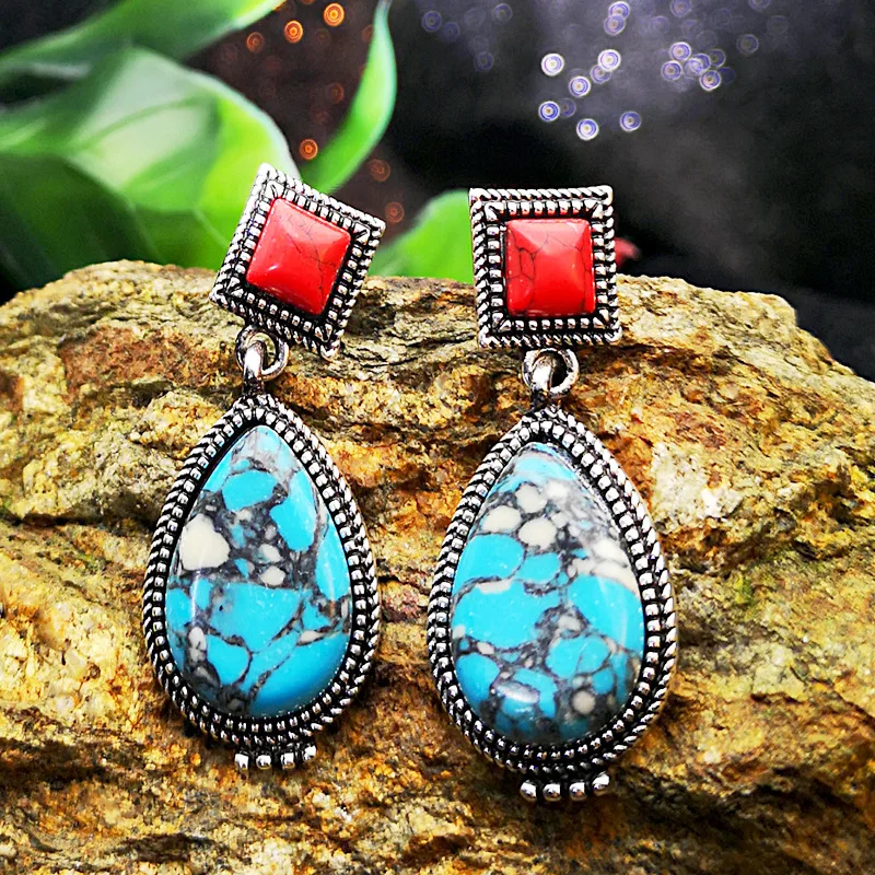 Этнические богемные красные, голубой бирюзовый массивные серьги, античное серебро, натуральный камень, висячие серьги для женщин, ювелирные изделия в стиле бохо