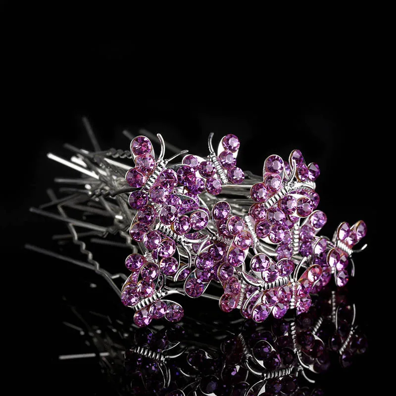 Горячая 10 шт. разноцветные хрустальные бабочки заколки для волос свадебные шпильки для прически невесты ювелирные изделия женские аксессуары для волос - Окраска металла: Purple